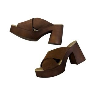 BioNatura Platform Sandal Brown Suede Crisscross Slip On 1" Platform 3.5" Heel 9